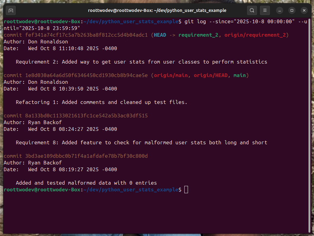 A git log command in a command prompt showing the use of --since flag and --until for the range from October 8th 2025 at Midnight to October 8th 2025 at 11:59:59.