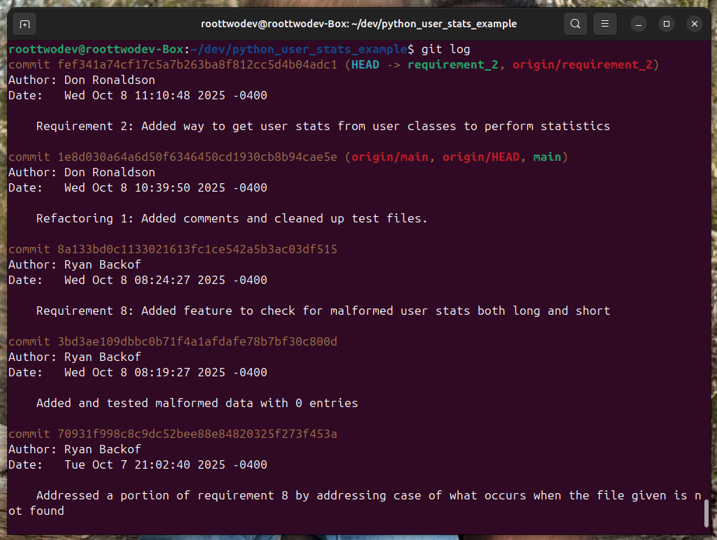 An output of git log in a command prompt. This git log has two different users (Don Ronaldson and Ryan Backof