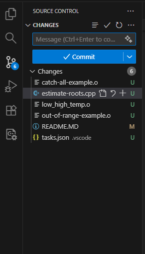 A picture of the source control window in VSCode. The U in the right hand column of the changes table indicates a file is unstaged. The M in the right hand column of the changes table indicates the file is staged, however there has been modifications to the file since the last time the file was committed that were not staged.
