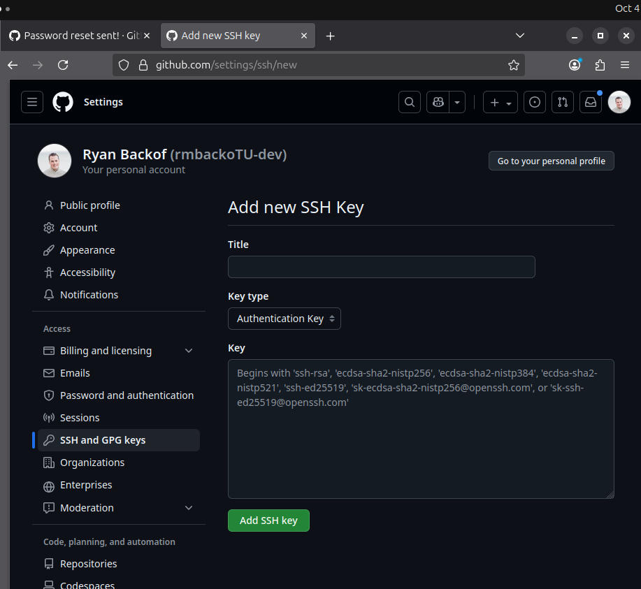A screen shot of authors Github settings. Particularly showing the interface to enter in a new SSH Key.