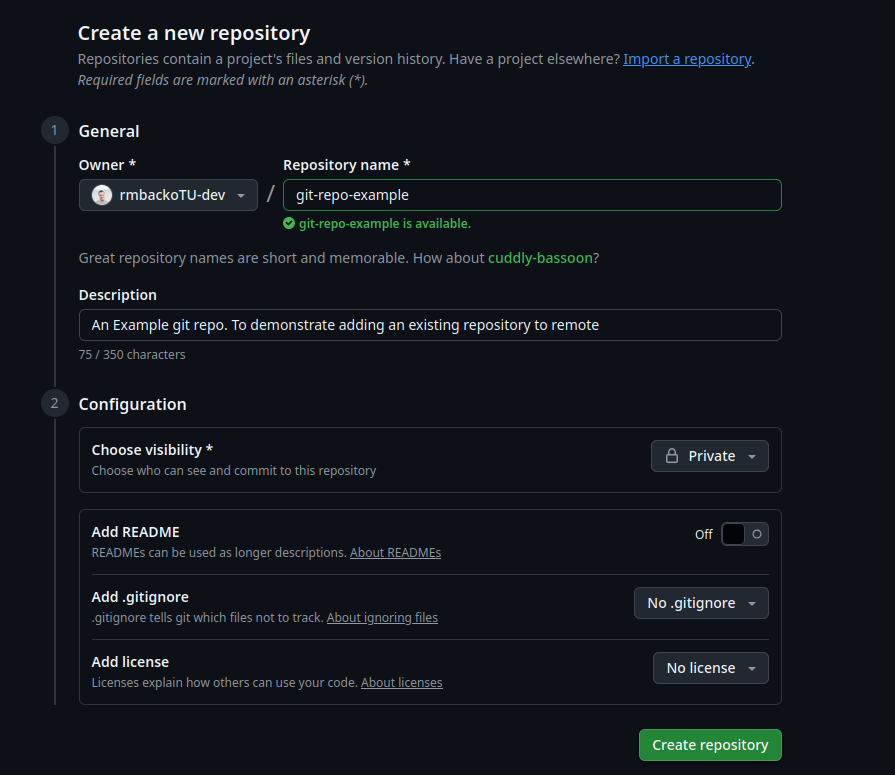 The User interface for creating a new github repository. Using the example of git-repo-example