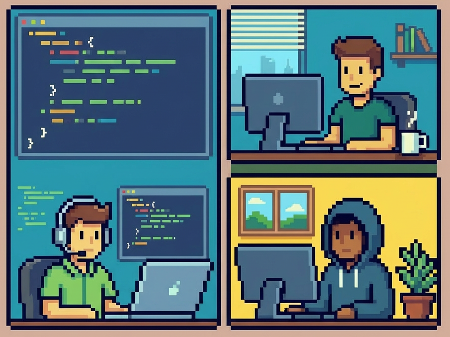 Pixel art of three software engineers collaborating remotely in a 3 pane style.