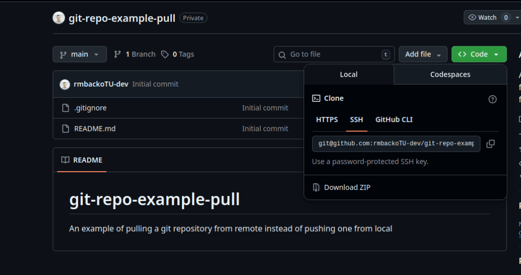A GitHub UI showing how to copy the SSH url for usage in add remote and git clone commands.
