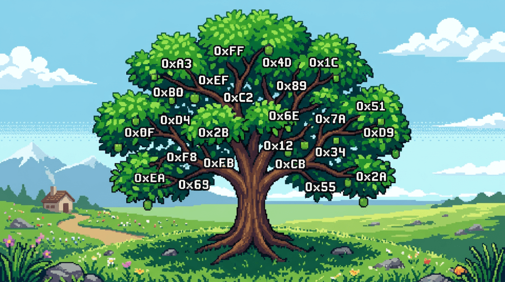 Pixel art tree with hexadecimal values labeled on branches