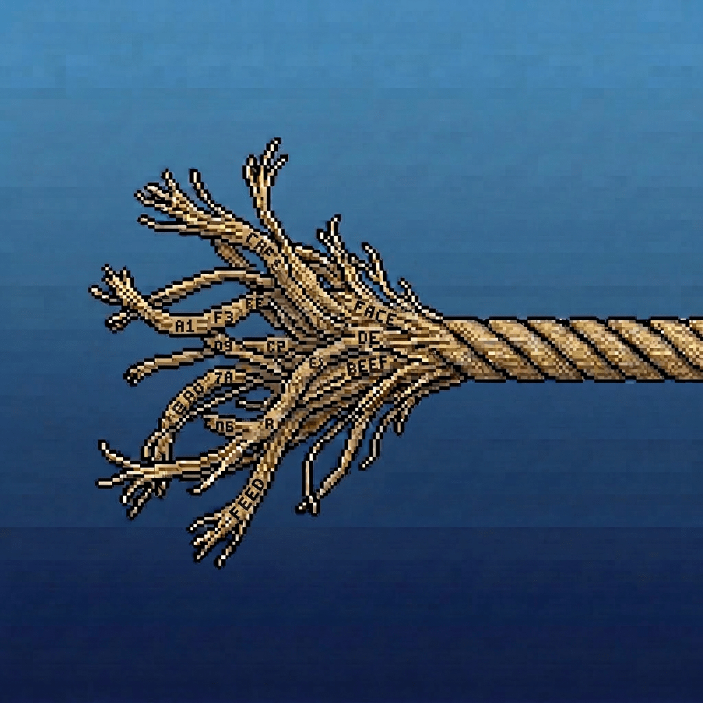 Pixel art rope with labeled hex color codes on each segment against a blue background.