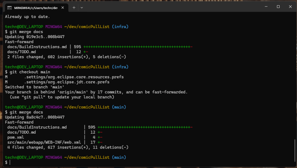 Examples of a fast forward git merge on the comicPullList repository