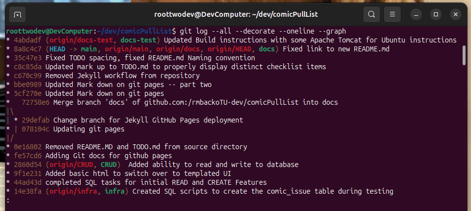 A image of a git repository using the git log command, which is used to highlight were the HEAD pointer is pointing in the repository. The HEAD Pointer points to main