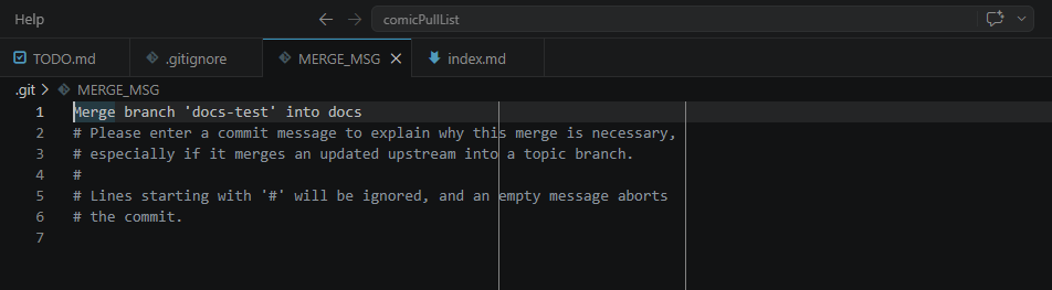 A VS Code text editor being used to modify merge messages