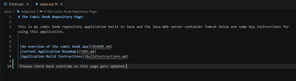 VS Code being used to update an index.md file next to a TODO.md file